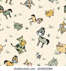 Cute comical farm animals cows, horses, pigs vector pattern. Amusing whimsical hand drawn caricatures for kids and nursery decor and children apparel. Colorful drawings on pale yellow background.