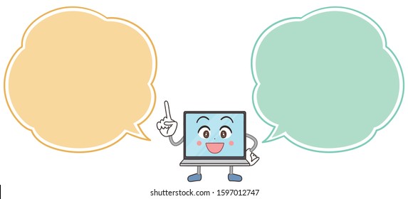 A cute and comical laptop computer character.With speech balloon.