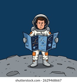 Cute comic-style astronaut with cartoon mustache and blue accents in suit, examining a tiny red spacecraft.