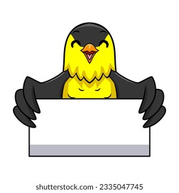 Cute common backyard bird cartoon holding blank sign