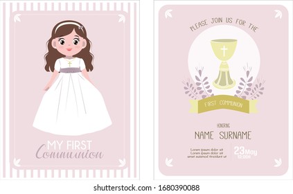 Cute Communion greeting girl character 