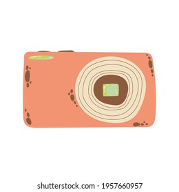 Cute compact photo camera icon in cartoon flat design. Digital camera with battery grip clip art in doodle style. Vector illustration isolated on white background.