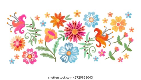 Cute composition with beautiful embroidered flowers on white background. Spring floral embroidery. 