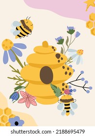 Una linda composición con colmena, abejas y flores silvestres. Hermosa ilustración para tu logo, etiqueta. Concepto de productos orgánicos. Ilustración vectorial.