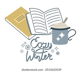 Cute composition with books, cup of warm drink and Cozy winter lettering. Cozy and warm hygge aesthetics. Flat hand-drawn vector style. Coffee, tea, cocoa, hot chocolate. Whipped cream.