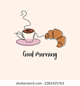 Cute composition with cup of coffee and croissant. National Croissant Day. Fresh French pastry. Breakfast food and Good morning lettering. Line art style vector illustration.