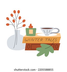 Cute composition with a cup of warm drink, fall leaves, candle, books and vase with plant. Cosy and warm hygge aesthetics. Flat hand-drawn vector style