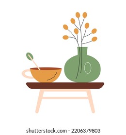 Cute composition with a cup of warm drink vase with plant on a wooden tray. Cosy and warm hygge aesthetics. Flat hand-drawn vector style