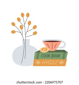 Cute composition with a cup of warm drink, fall leaves, cookie, books and vase with plant. Cosy and warm hygge aesthetics. Flat hand-drawn vector style