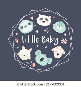 Cute composition, design in pastel colors with adorable animals panda, koala, sloth, walrus, sheep, lynx