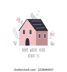 Cute composition with pink hand drawn house and floral elements.