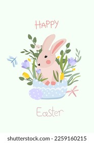 Cute composition with a rabbit sitting in a basket, spring flowers, butterflies and Easter eggs. Spring flowering. Vector graphics