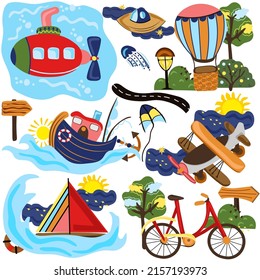 Cute compositions, collection of different types of transport, boat on the water, bicycle, spaceship, submarine, hot ballon, air transport and other. Vector illustration.