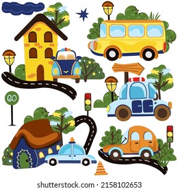 Cute compositions, collection of different types of road transport, bus, police car, clouds, taxi, traffic signs, tree and other. Vector illustration. 