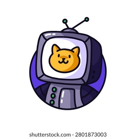 Cute computer character with cat face smiles. Circle avatar of funny robot. Round portrait of happy cyborg. Icon of AI bot, smart assistant. Flat isolated vector illustration on white background