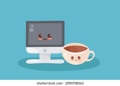 Computadora con taza de café. Adorables personajes cómicos sonrientes. Lugar de trabajo, oficina al estilo kawaii. Uso para afiches tecnológicos, impresos, carteles de tarjetas, banner, sitio web. Elementos de diseño felices.