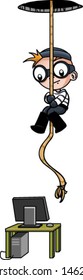 A cute computer hacker sliding down rope - Vector clip art illustration on white background