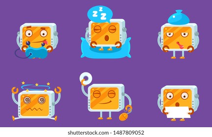 Cute Computer Monitors Characters Set, Funny Monobloc Emoji with Various Emotions Vector Illustration