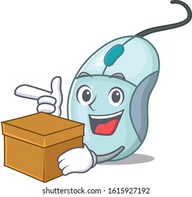 Cute computer mouse cartoon character having a box