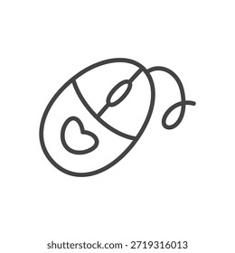 Icono lindo del ratón del ordenador. Ilustración de doodle monocromo de ratón de computadora con detalle de corazón. Pegatina Kawaii. Vector 10 EPS.