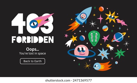 The cute concept of 403 forbidden web page. Connection error, Access Denied. Metaphor of loss in outer space, cartoon style. Trendy modern vector illustration, hand drawn, flat design