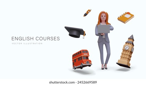 Cute concept of English courses in cartoon style. Fun and easy learning