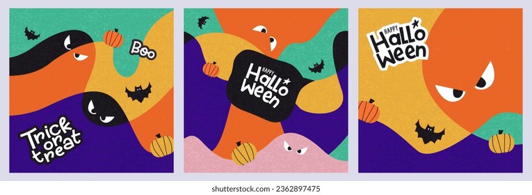 Cute concept of Happy Halloween card set. Abstract design with monsters, ghost, bat, pumpkin, geometric and liquid shapes. Templates for celebration, ads, branding, banner, cover, label, poster