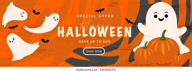 Cute Concept Happy Halloween Sale for Party, Festival, Email, Social Media. Background Graphic Stripes for Advertising, Web, Poster, Banner, Cover. Season Discount Offer 50%