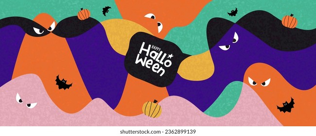 Cute concept of Happy Halloween website banner or cover. Abstract art design with monsters, ghost, bat, pumpkin geometric and liquid shapes. Template for celebration, ads, branding, label, poster