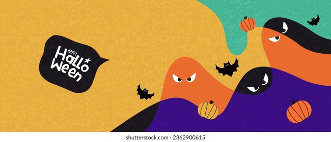 Cute concept of Happy Halloween website banner, cover. Abstract art design with monsters, ghost, bat, pumpkin geometric and liquid shapes. Template for celebration, ads, branding, label, poster, sales