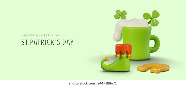 Cute concept for St. Patrick Day. Horizontal banner with 3D illustration and place for text, button