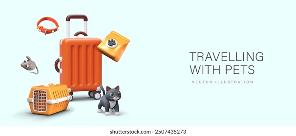 Cute concept of traveling with pets. Realistic suitcase, cat, carrier, toy mouse, feed, collar