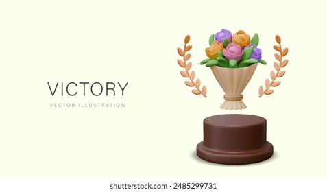 Cute concept of victory in realistic style. Round pedestal, bouquet of flowers, golden laurel wreath