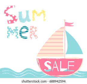 Cute and conceptual summer sale design with hand drawn letters, waves and a sail boat for flyers, shop signs and voucher discounts