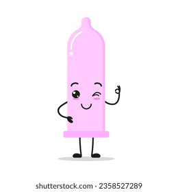 Cute condom bottle character. Funny smiling and wink contraceptive cartoon emoticon in flat style. protection emoji vector illustration