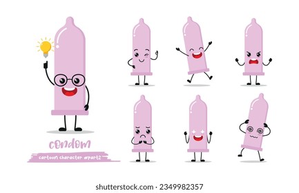 cute condom cartoon with many expressions. contraceptive different activity pose vector illustration flat design set.