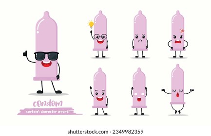  cute condom cartoon with many expressions. contraceptive different activity pose vector illustration flat design set with sunglasses.