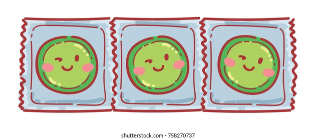 Cute condom characters with eyes. Friendly illustration about birth control, contraceptive, protection. Hand drawn art in vector cartoon, doodle style, can be used for poster, banner, advertising