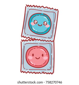 Cute condom characters with eyes. Friendly illustration about birth control, contraceptive, protection. Hand drawn art in vector cartoon, doodle style, can be used for poster, banner, advertising