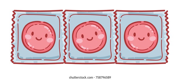 Cute condom characters with eyes. Friendly illustration about birth control, contraceptive, protection. Hand drawn art in vector cartoon, doodle style, can be used for poster, banner, advertising