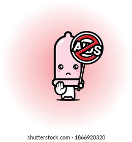 cute condom mascot with stop aids pose