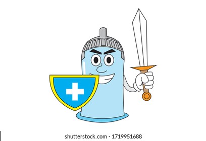 MASCOT VECTOR DE DISEÑO DE TAMAÑO DE CONDOM,Dibujo de caricatura vectorial de un personaje de mascota de condón,Condón con escudo y espada.  aislado de fondo blanco. ilustración de dibujos animados de diseño plano vectorial.