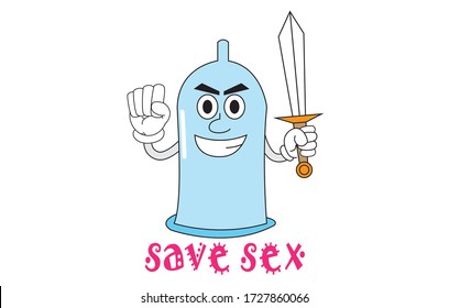 CUTE CONDOM SIZE DESIGN VECTOR MASCOT, Vector Zeichentrickdarstellung eines Kondom Maskottzeichens, isoliert auf weißem Hintergrund. Zeichentrickfilm mit Vektor-flache Darstellung, Kondom mit Schild und Schwert.