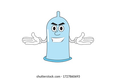 MASCOT VECTOR DE DISEÑO DE TAMAÑO CUTE CONDOM,Ilustración de dibujos animados vectores de un personaje de mascota de preservativo, aislado sobre fondo blanco. ilustración de dibujos animados de diseño plano vectorial