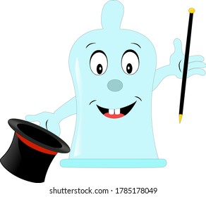 Cute condom is smiling. Cartoon condom with hat and stick, comic design concept. Vector illustration