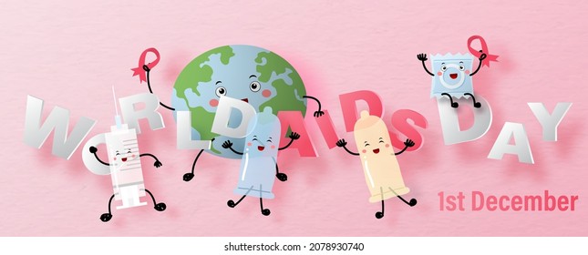 Cute condom and syringe in cartoon character dancing on World AIDA day letters with global in cartoon character holding a red ribbon on pink paper pattern background.