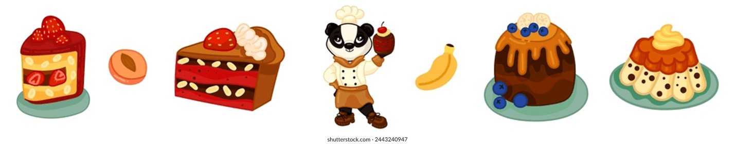 Cute confectioner character. Cakes and pastries making process, cute chef and sweets. Cake vector chocolate confectionery and sweet dessert in bakery set. For poster, card, scrapbooking , stickers