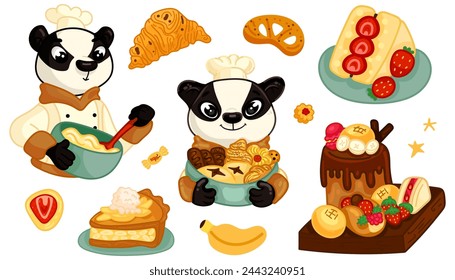 Cute confectioner character. Cakes and pastries making process, cute chef and sweets. Cake vector chocolate confectionery and sweet dessert in bakery set. For poster, card, scrapbooking , stickers