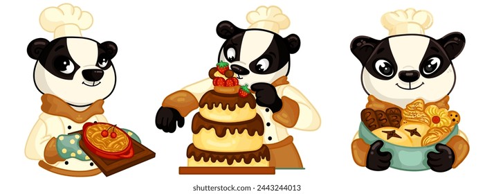 Cute confectioner character. Cakes and pastries making process, cute chef and sweets. Cake vector chocolate confectionery and sweet dessert in bakery set. For poster, card, scrapbooking , stickers