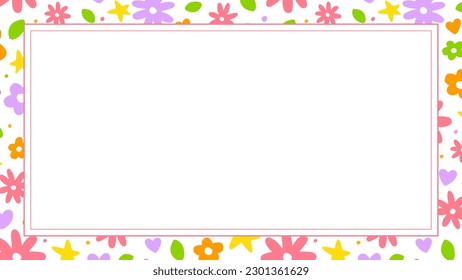 Cute Confetti Daisy Flower Heart Star Leaf Sprinkle Sparkle Flower Ditsy Shine Dot Doodle Handdrawn Colorful Rectangle Card Border Frame Template Banner Copy Space for Spring Summer Party Celebration